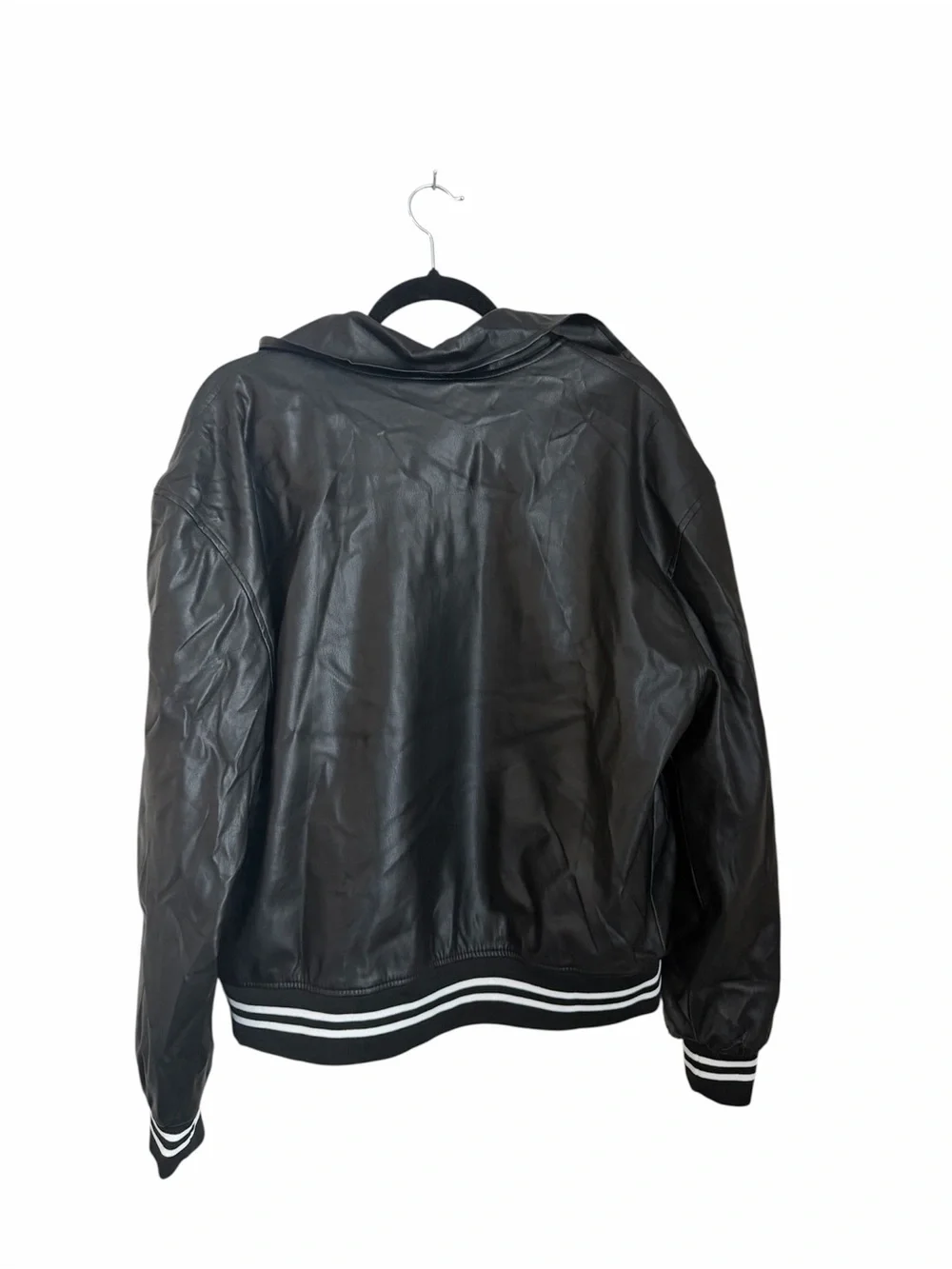 Black Faux Leather Jacket with Hood and Striped Cuffs
